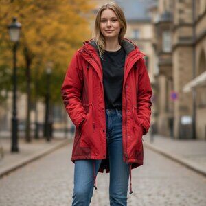 Woman Within Women’s Plus 26/28 (2X) Red Microfiber Parka Coat Zip Front Hooded